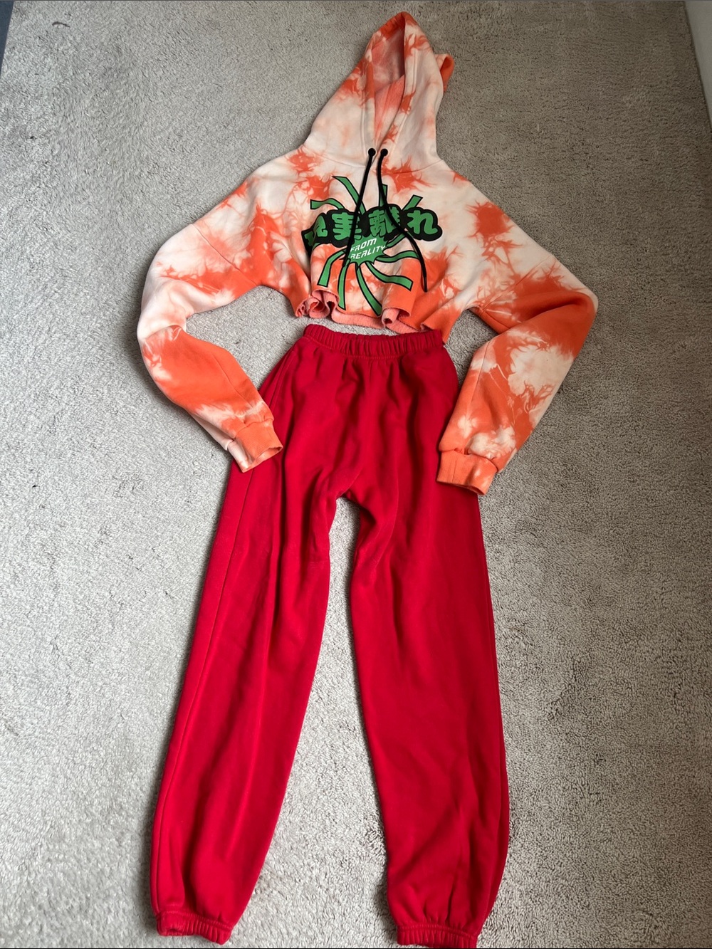 2 piece set- Orange Tie-Dye Cropped Hoodie with red sweatpants